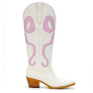 NEW! MIIM Ruby White Knee High Western Low Heel Cowboy Boots Pink Bow Accent